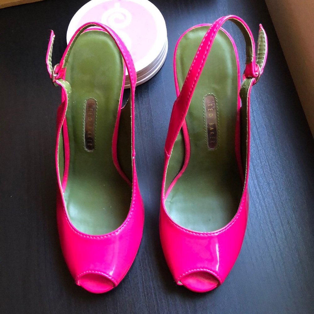 Pink Red Baker Open Toe Heels Size 7.5